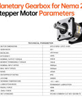 Beefy 20 To 1 Planetary Gearbox For Nema 23 Stepper Motor With Low Backlash 20 Arcmin shown with technical parameters chart