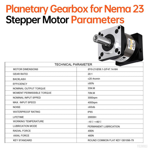 Beefy 20 To 1 Planetary Gearbox For Nema 23 Stepper Motor With Low Backlash 20 Arcmin shown with technical parameters chart