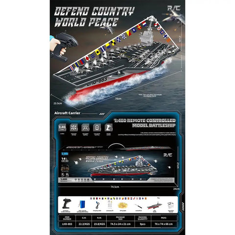 Packaging of RC Aircraft Carrier Warship Toy With 2.4GHz Dual Motor Power And High Speed Remote Control LED Lights Waterproof Hull
