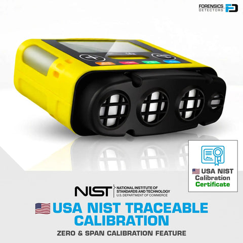 Compact 4 Gas Monitor USB Rechargeable, Tiny Portable Gas Detector for O2 CO H2S LEL with Factory Calibration and USA NIST Standards shown