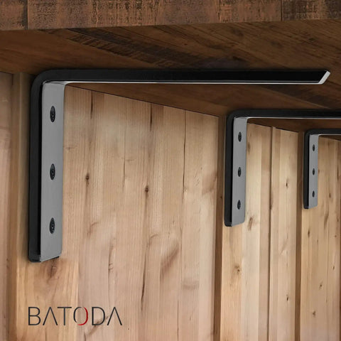Solid As A Rock Eight Inch Countertop Support Brackets Premium Zinc Plated Heavy Duty Steel L Braces installed under a wooden countertop.