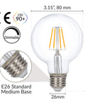 LED Edison Vintage Vanity Globe Bulb G25 4W Dimmable With 40W Equivalent, Warm White 2700K, E26 Base, dimensions and features shown