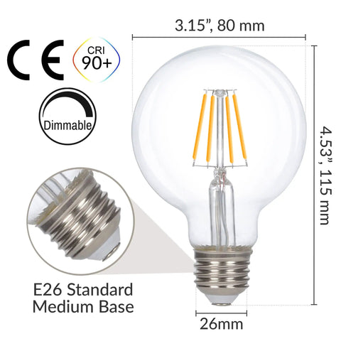 LED Edison Vintage Vanity Globe Bulb G25 4W Dimmable With 40W Equivalent, Warm White 2700K, E26 Base, dimensions and features shown