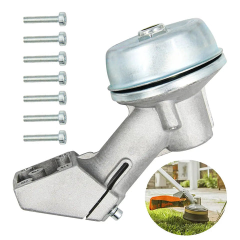 Go To Replacement Trimmer Gear Head For Stihl String Trimmers with bolts and usage example, fits FS25 to FS250