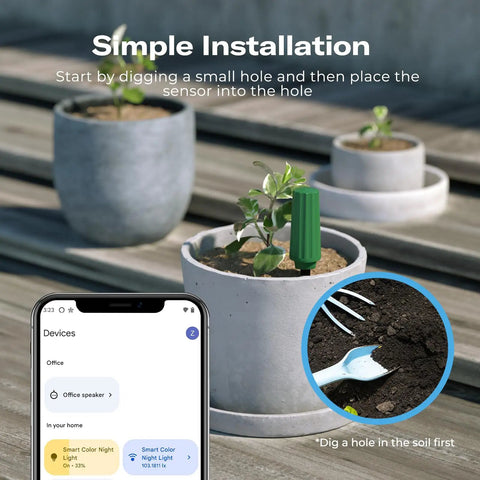 Smart Soil Moisture Sensor With Capacitive Probe And Temperature Meter Zigbee 3.0 Hub Required shown in potted plant setup