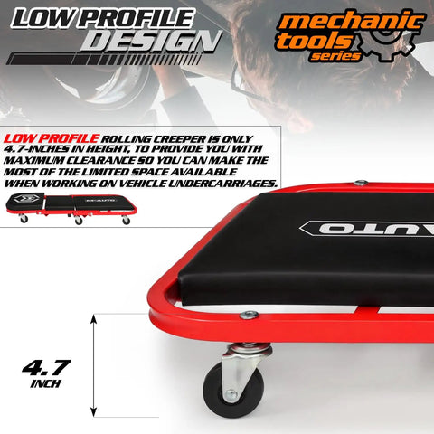 Low profile Grab-And-Go Foldable Z Creeper 2-In-1 Car Roller Seat 36 Inch Adjustable with heavy-duty steel frame and swivel casters