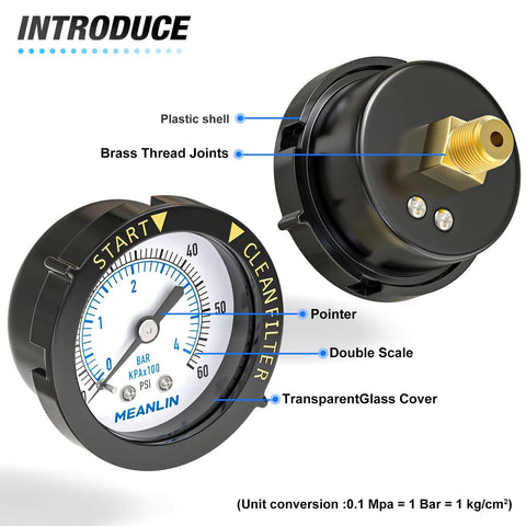Start and Clean Filter Pressure Gauge for Pool, Spa, Aquarium Pros and DIYers, Two Inch Dial, One Quarter Inch NPT, Plastic Frame