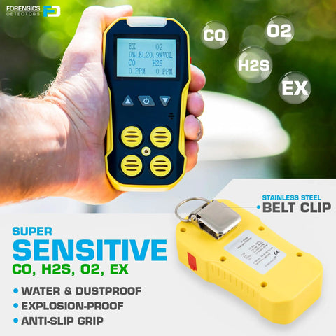 NIST Traceable 4 Gas Monitor With O2, CO, H2S And LEL being held, showing front display and yellow durable casing