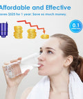 Woman drinking water beside Faucet Water Filter Replacement For PUR 3 Pack NSF Certified Filtration Compatible With PUR RF9999