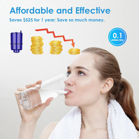 Woman drinking water beside Faucet Water Filter Replacement For PUR 3 Pack NSF Certified Filtration Compatible With PUR RF9999