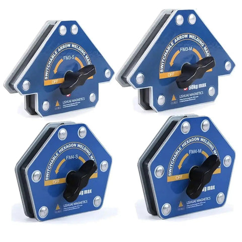 Premium Quality Hella Secure Magnetic Welding Positioner Clamp With Quick Toggle Switch For Rock Solid Heavy Metal Alignments And Reliable Workshop Fabrication Projects, showing arrow and hexagon clamps.