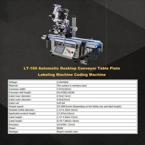 Hassle Free Automatic Desktop Conveyor Labeling Machine 110V Belt Feed Sticker Applicator For Cosmetics Beverages Flat Bottle Packaging, stainless steel surface, detailed specifications.