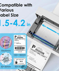 No Sweat Portable Bluetooth Thermal Shipping Label Printer For Hustling Merchants Fast Wireless 4x6 Address Label Maker Compatible With Iphone Android Windows Mac Etsy Shopify Usps White showing 1.5-4.2 in label compatibility.