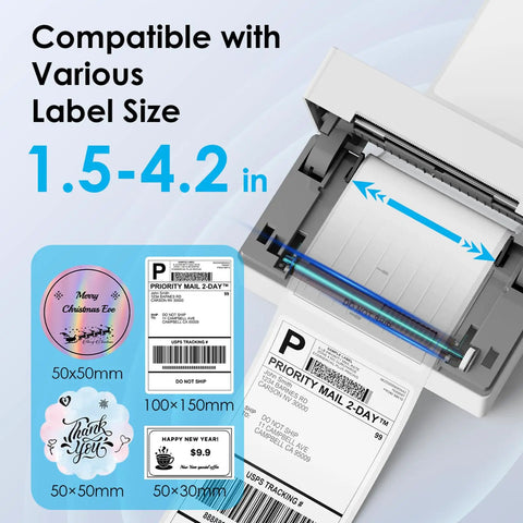 No Sweat Portable Bluetooth Thermal Shipping Label Printer For Hustling Merchants Fast Wireless 4x6 Address Label Maker Compatible With Iphone Android Windows Mac Etsy Shopify Usps White showing 1.5-4.2 in label compatibility.