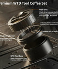 Premium Wdt Tool For Espresso Coffee Distribution Featuring Ten Stainless Steel Needles And Triple Gear Spinner With Twenty Four Strong Magnets For Hella Smooth Channel Free Shots In Sleek Cnc Aluminum Build, showing tool components.