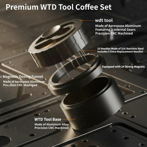 Premium Wdt Tool For Espresso Coffee Distribution Featuring Ten Stainless Steel Needles And Triple Gear Spinner With Twenty Four Strong Magnets For Hella Smooth Channel Free Shots In Sleek Cnc Aluminum Build, showing tool components.