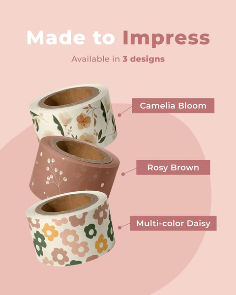 Premium Water Activated Packing Tape Straight Up For Sealing Corrugated Boxes And Gift Cartons With Rosy Floral Print Biodegradable Gummed Paper Shipping Rolls For Ecommerce Hustlers in three designs.