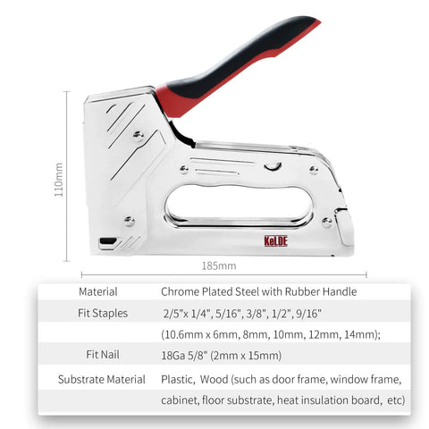 Beefy Workhorse 2 In 1 Manual Stapler And Nail Gun Kit with chrome plated steel and rubber handle shown with dimensions.