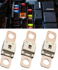 Heavy Duty 80 Amp Bolt On Fuses 3 Pack Copper Plated Terminals on display with colorful fuse box background.