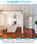 5 color temperatures shown in a kitchen with 4 Inch Square LED Recessed Light Kit, 950 Lumens, Dimmable Retrofit, Five Color Temperatures.