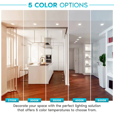 5 color options for 4-Inch Square LED Recessed Can Lights Kit, Dimmable, Wet Rated, IC Rated, ETL Listed, 2700K to 5000K.