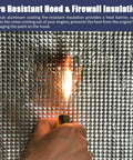 Hand holding lighter against Heavy Duty Automotive Heat Shield Insulation Roll for fire resistance test, focus on reflective foil surface.