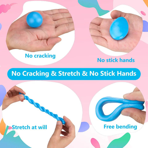 Hands demonstrating flexibility and non-stick properties of clay from Ultimate Polymer Clay Starter Kit With 50 Vibrant Colors, Oven Bake Modeling Clay, 2.8 Lb Total, Includes Storage Box, Sculpting Tools, Accessories, And Project Guide, Non Toxic, Kid Safe, Allergy Friendly.