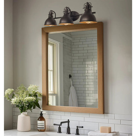 Beacon 27 Inch Three Light Industrial Vanity Light With Brass Interior Shades Modern Farmhouse Wall Sconce In Oil Rubbed Bronze Finish For Bathroom Rustic Yet Sleek Industrial Lighting above bathroom mirror