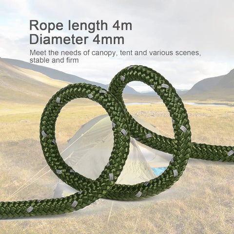 8 Pack 4mm Reflective Tent Guy Lines With Aluminum Adjusters Ultralight Cords 13 Feet Army Green For Tent Tarp Camping Hiking Backpacking displayed in a field