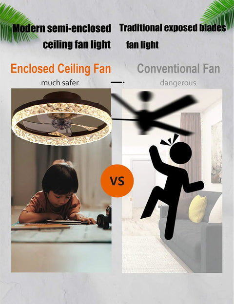 Comparison of sleek low profile ceiling fan with light and remote, 19.7 inch flush mount, dimmable LED, quiet reversible DC motor vs conventional fan