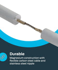 Close-up of flexible magnesium anode rod with stainless steel nipple, 42 inches, chrome finish for water heaters