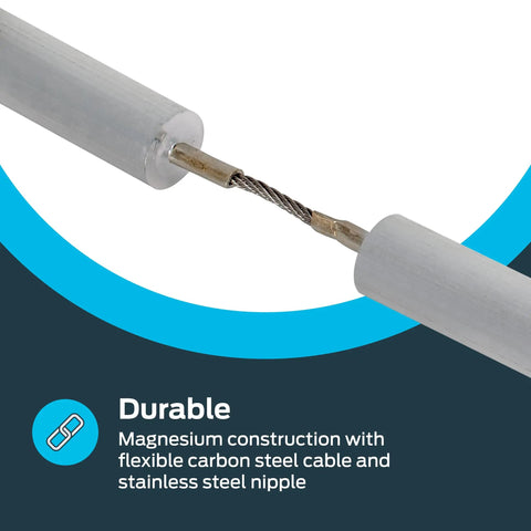 Close-up of flexible magnesium anode rod with stainless steel nipple, 42 inches, chrome finish for water heaters