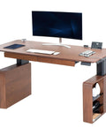 Top Shelf Executive Sit Stand Desk Rich Walnut Top With Generous 71 By 30 Surface Built In Drawers Power Outlet Cable Management Ergonomic Height Adjust Workstation Heavy Hitter Setup with monitor and accessories.