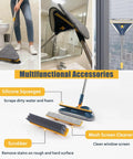 5-In-1 Wall Cleaning Mop With Long Reach Handle showing various tools, including squeegee and scrubber, with replacement pads