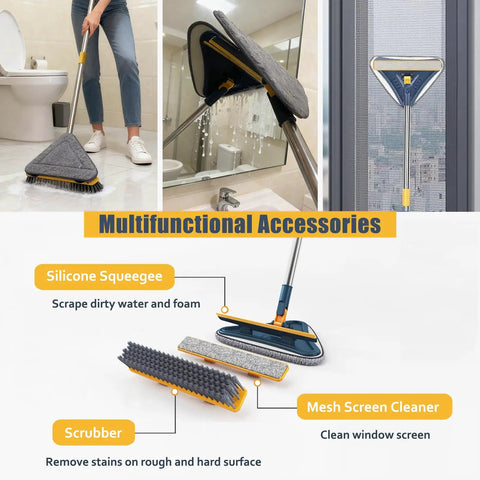 5-In-1 Wall Cleaning Mop With Long Reach Handle showing various tools, including squeegee and scrubber, with replacement pads