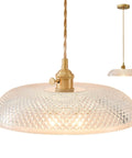 11.8 Inch Retro Glass Pendant Light with clear glass shade, antique brass finish, adjustable gold braided cord, hanging view.