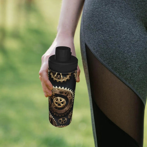 Person holding Steampunk Gears Print Insulated Water Bottle for Gym Outdoor Travel and Office Use Built for Your Active Lifestyle.