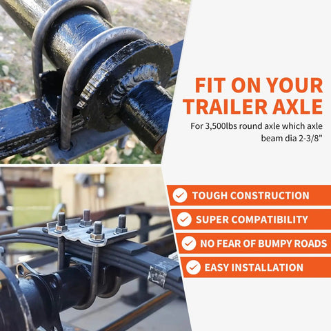 Trailer U Bolt Kit for 3500 Lb Round Axle, 2 3/8 Inch Beam, 1/2 Inch U Bolts securing leaf springs