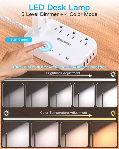Close-up of Clean Vibes Led Desk Lamp With Power Strip And 5 Ft Extension Cord showing touch control and brightness settings.