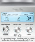 LCD display on Smart Grinder Pro Coffee Grinder With 60 Settings For Espresso And Brew Dope Dose Control Digital Timer.