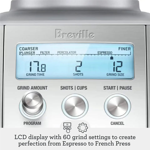 LCD display on Smart Grinder Pro Coffee Grinder With 60 Settings For Espresso And Brew Dope Dose Control Digital Timer.