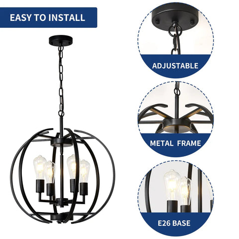 Large Lantern Globe Black Chandelier For Farmhouse Vibe, Four Light Pendant Ceiling Fixture with adjustable arms, easy install
