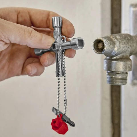 Handy Universal Control Cabinet Key for Gas, Water, and Electric Shutoff Systems with Slot 10x7 Bit, Phillips PH2, and Adapter in use
