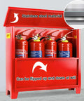 Heavy Duty Cold Rolled Steel Fire Extinguisher Cabinet Dual Grip Surface Mounted Outdoor Storage Box For Commercial And Industrial Facilities Built Like A Tank No Nonsense Safety Gear Silver with red fire extinguishers.
