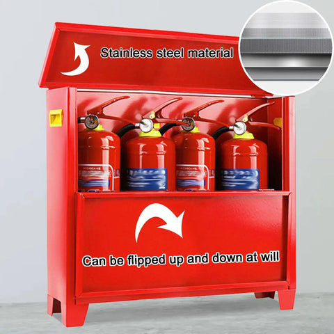 Heavy Duty Cold Rolled Steel Fire Extinguisher Cabinet Dual Grip Surface Mounted Outdoor Storage Box For Commercial And Industrial Facilities Built Like A Tank No Nonsense Safety Gear Silver with red fire extinguishers.