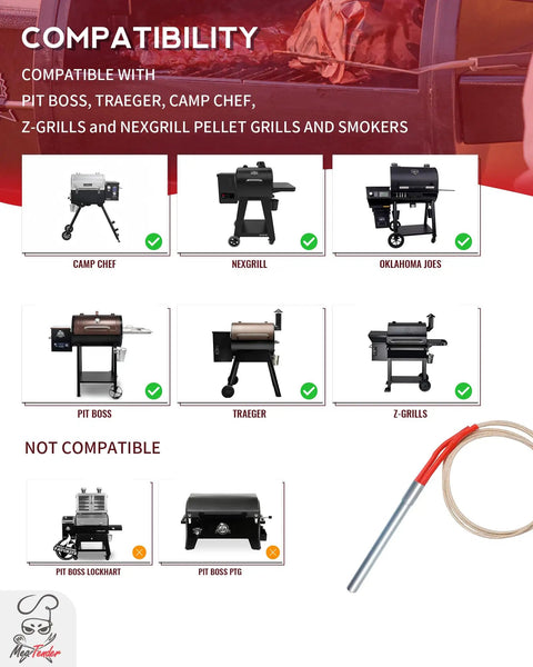 Compatibility chart for Two Pack Heavy Duty AC Grill Igniter Replacement For Pellet Grills And Smokers Keeping Your Grill Running Smooth Fits Traeger AC Models Replaces BAC199 KIT0088 BAC006 Pit Boss 70112 Camp Chef PG24-21 Z Grills Oklahoma Joe's 16801-20B showing compatible and incompatible grill brands.