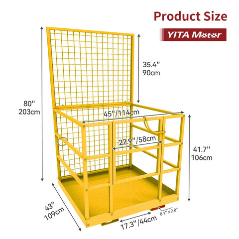 Forklift safety cage by YITAMOTOR, 43x45 in, steel work basket with mesh panels and safety strap — angled front view.