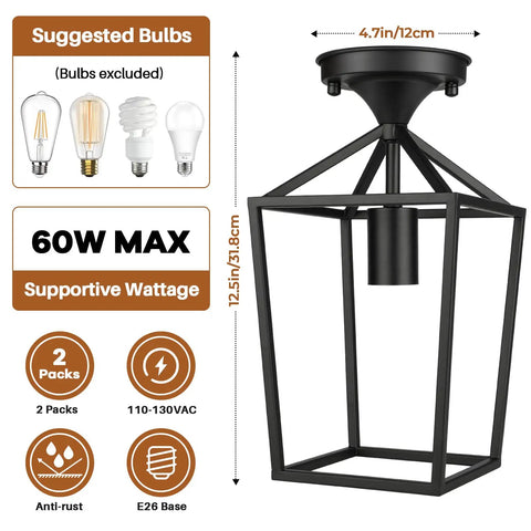 Two Pack Farmhouse Semi Flush Mount Ceiling Lights for Hallways and Entryways Industrial Close To Ceiling Black Lighting Fixtures