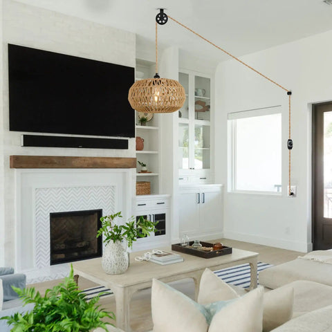 Boho Pendant Light With Plug In Cord And LED Bulb Dimmer Switch 15 Foot Hanging Wicker Rattan Chandelier in living room