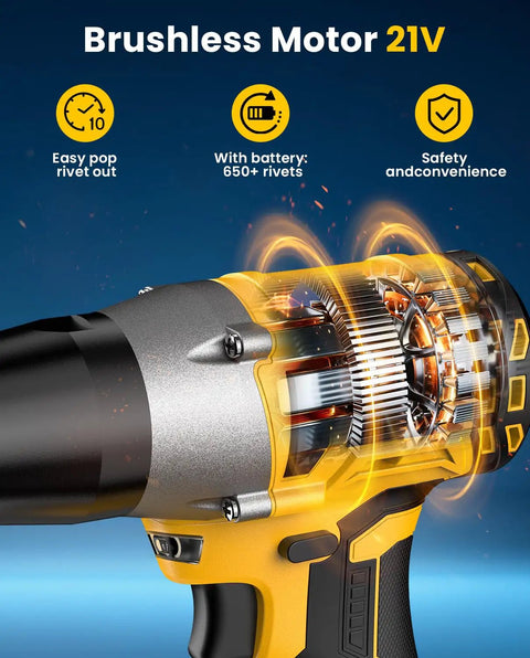 Close-up of Cordless Rivet Gun Kit 20V Max Battery Brushless with auto feed showing brushless motor design and features
